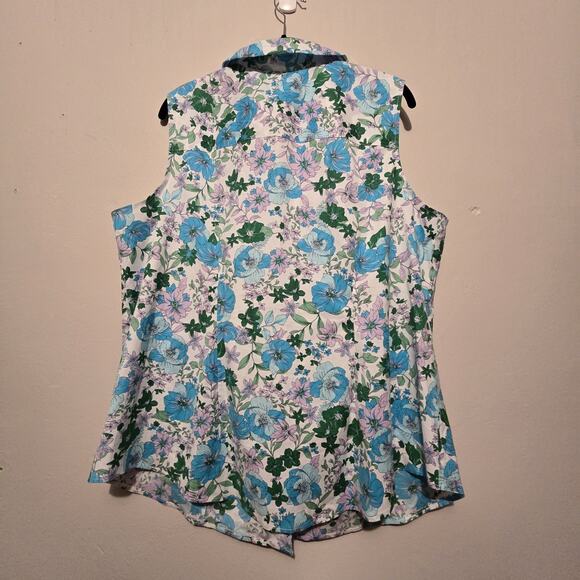 Talbots Non Iron Floral Sleeveless Shirt Women's 16W Blue Tropical Resort Cruise - Picture 9 of 9